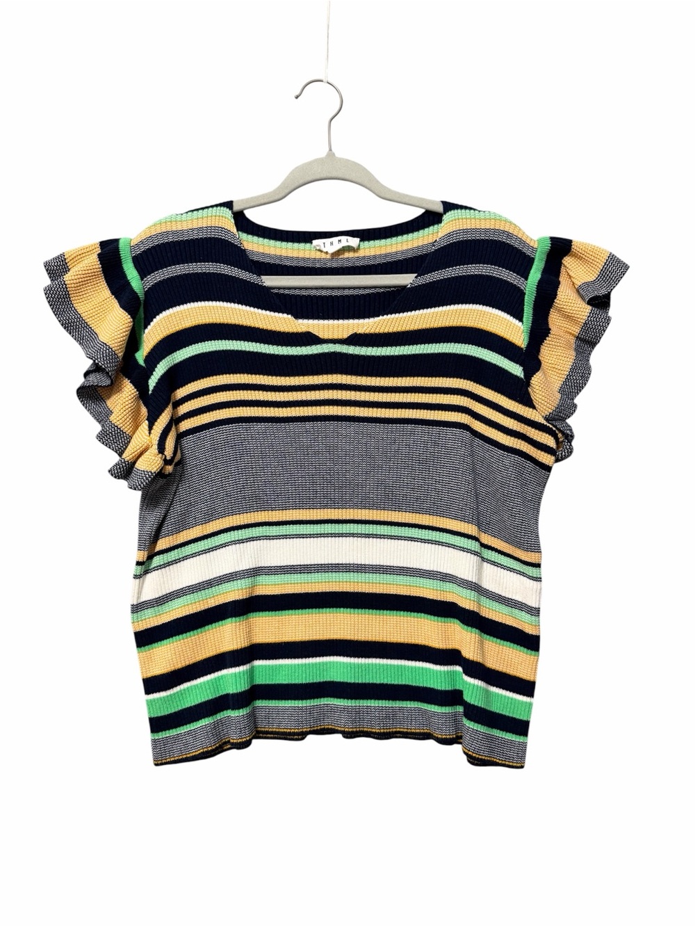 THML Striped Flutter Sleeve Ribbed Sweater Top Size Medium Navy Yellow V-Neck